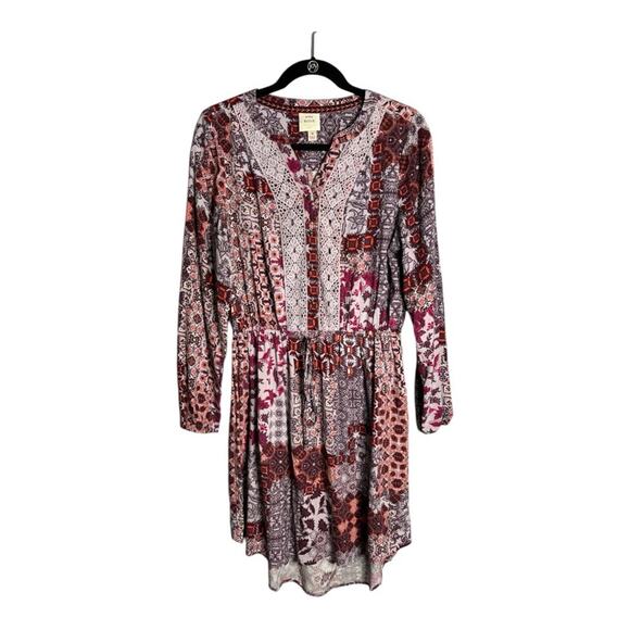 Knox Rose Purple Boho Printed Long Sleeve Dress With Buttons & Drawstring Sz M - Picture 1 of 7